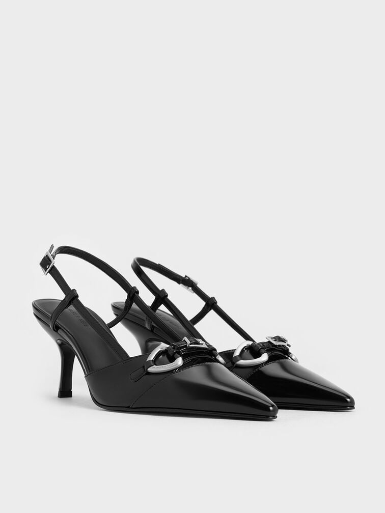 Metallic-Accent Slant-Heel Slingback Pumps, Black Boxed, hi-res