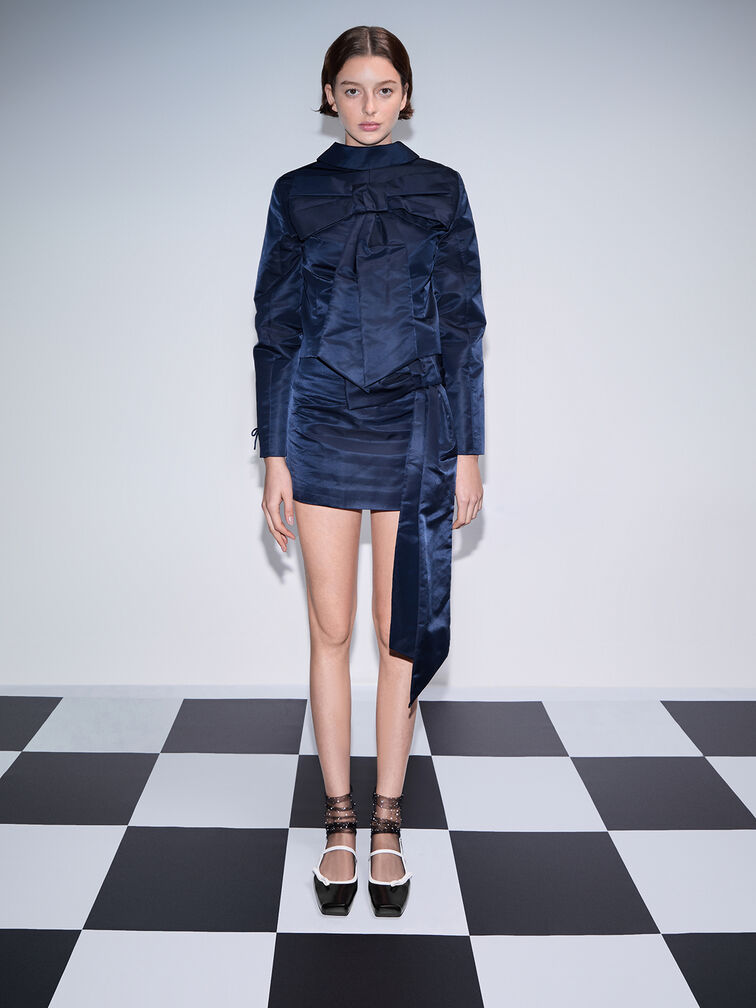 حذاء ماري جاين مسطح بلونين وحزام خلفي مزين بفيونكة, صندوق أسود, hi-res