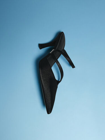 حذاء ميول ساتان أردن بمقدمة مدببة وكعب متموج, أسود خشن, hi-res