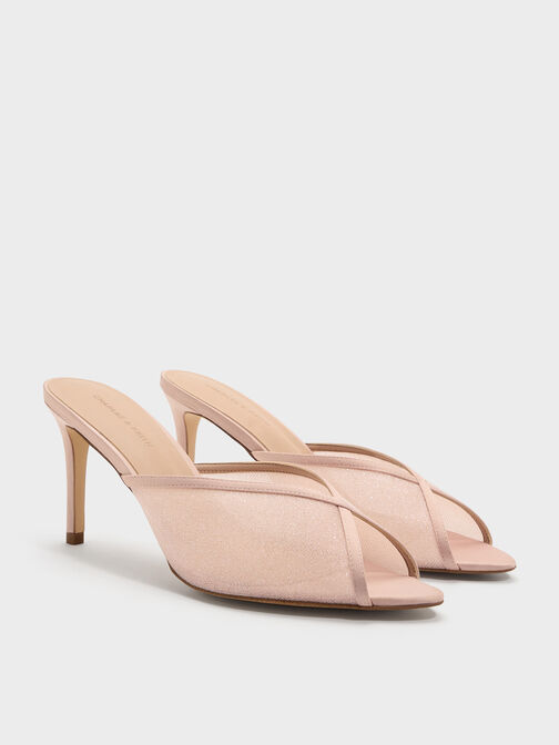 Glittered Mesh Peep-Toe Heeled Mules, Pink, hi-res