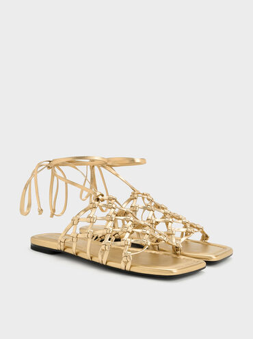 Woven Tie-Around Net Sandals, Gold, hi-res