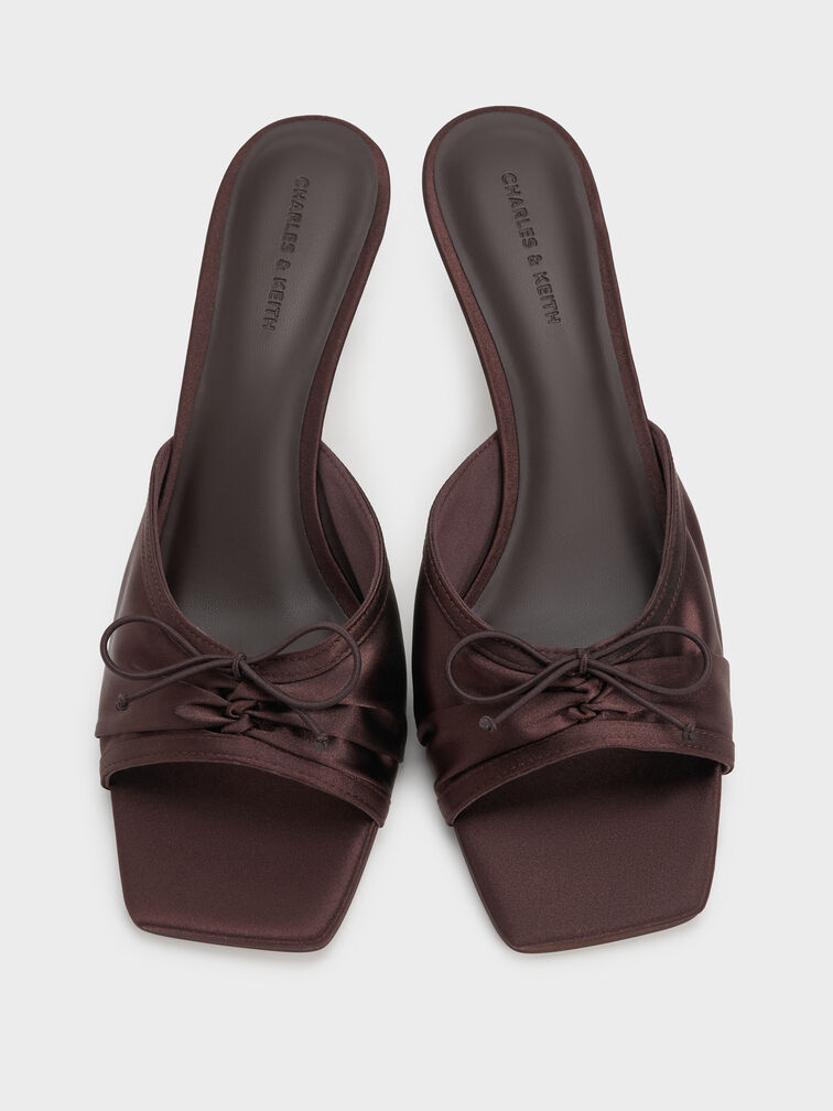 ميولز ساديرا من الساتان بكعب عالٍ وفيونكة مكشكشة, بني داكن, hi-res