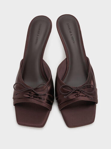 ميولز ساديرا من الساتان بكعب عالٍ وفيونكة مكشكشة, بني داكن, hi-res