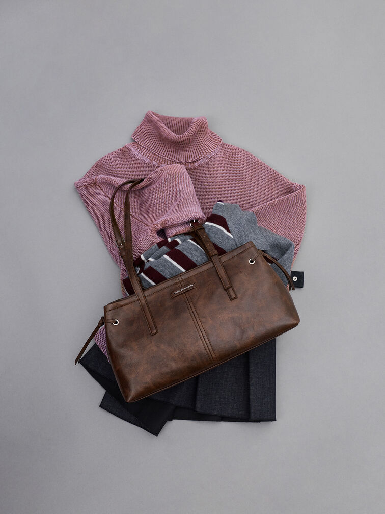 حقيبة كتف بحمالة طويلة, بني مطفي, hi-res