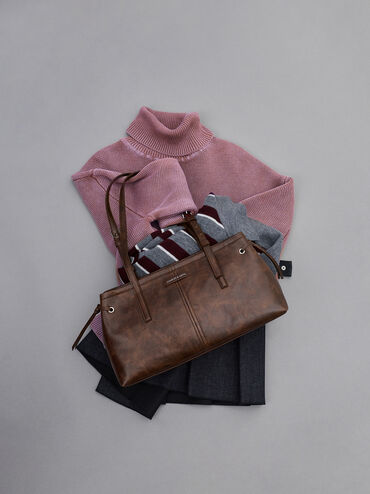 حقيبة كتف بحمالة طويلة, بني مطفي, hi-res