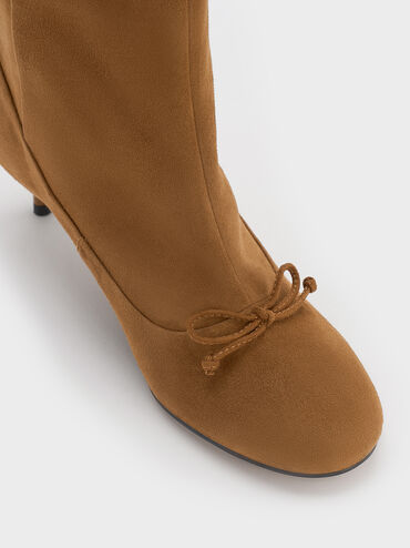 Aretha Suede Bow Kitten-Heel Calf Boots, Brown, hi-res