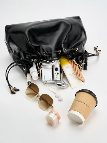 Moxie Drawstring Bucket Bag, Black, hi-res