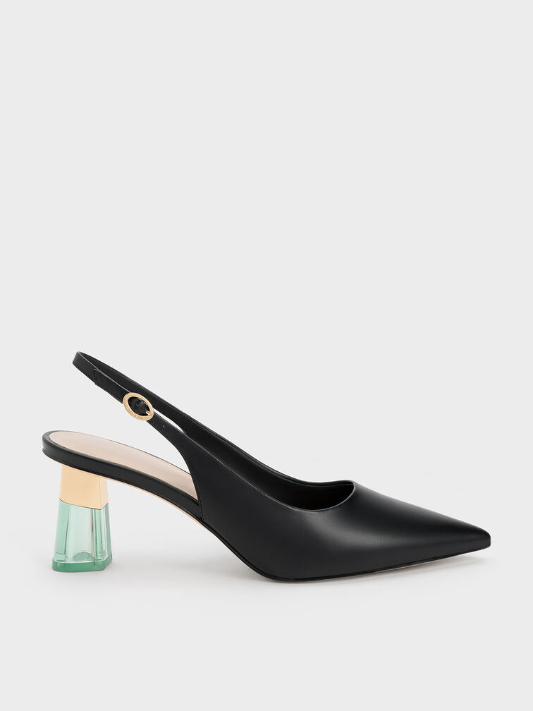 Oleana See-Through Trapeze Heel Slingback Pumps, Black, hi-res