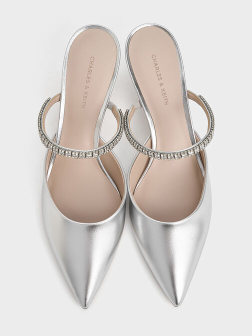 حذاء ميول أمبروزيا بمقدمة مدببة وتصميم مرصع بالأحجار ولون معدني, فضي, hi-res