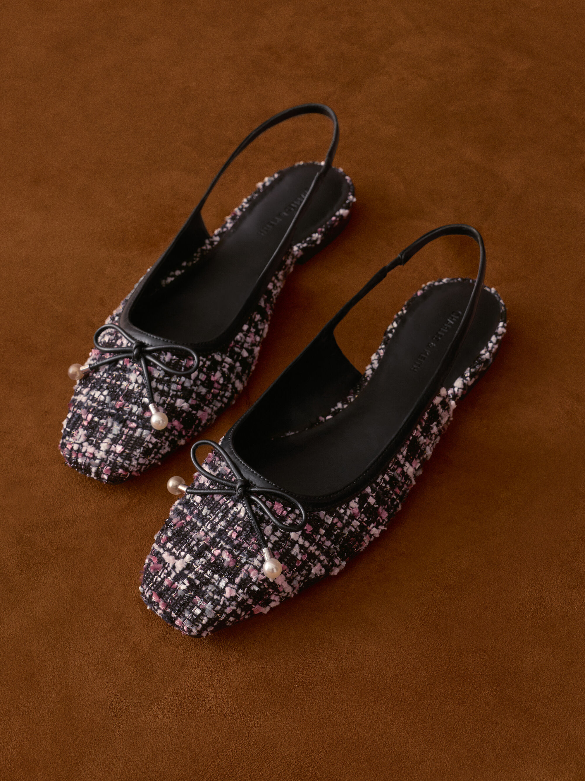 Multicoloured Barbara Tweed Pearl-Bow Slingback Flats - Multi