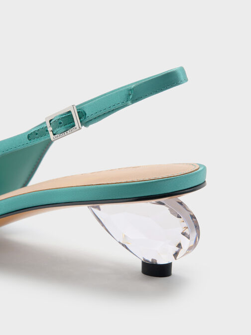 Satin Pointed-Toe Crystal-Heel Slingback Pumps, Teal, hi-res