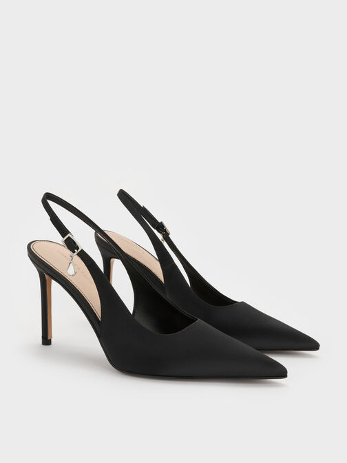 Satin Teardrop-Crystal Stiletto-Heel Slingback Pumps, Black Textured, hi-res