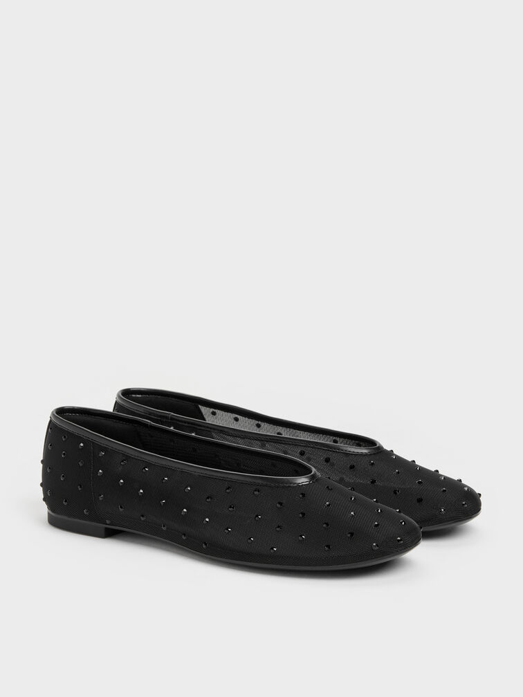 Mesh Crystal Ballet Flats, Black Textured, hi-res