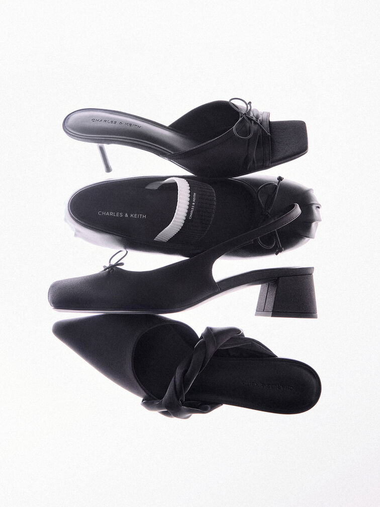 ميولز ساديرا من الساتان بكعب عالٍ وفيونكة مكشكشة, أسود خشن, hi-res