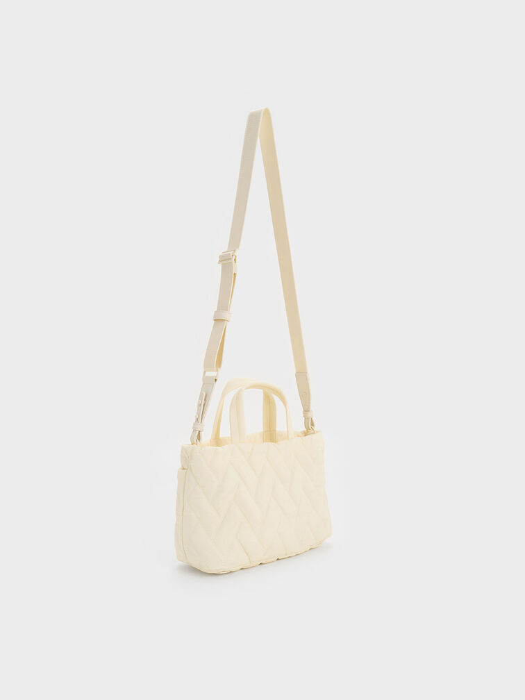 Nylon Chevron Boxy Tote Bag, Cream, hi-res