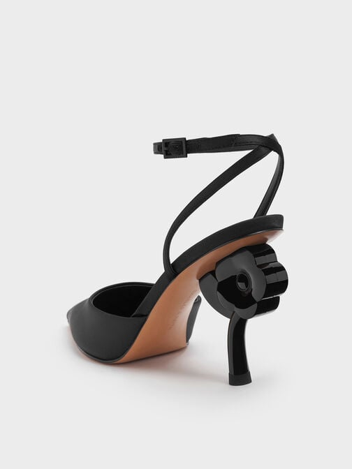 حذاء بكعب مدبب مزين بالزهور وحزام للكاحل, أسود خشن, hi-res