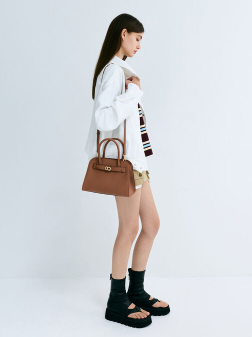 Aubrielle Belted Tote Bag, Chocolate, hi-res