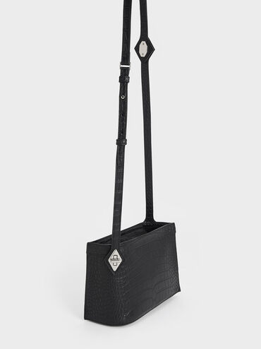 Metallic Accent Croc-Effect Top Handle Bag, Noir, hi-res