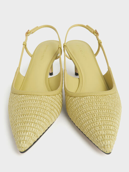 Raffia Pointed-Toe Slingback Pumps, Olive, hi-res