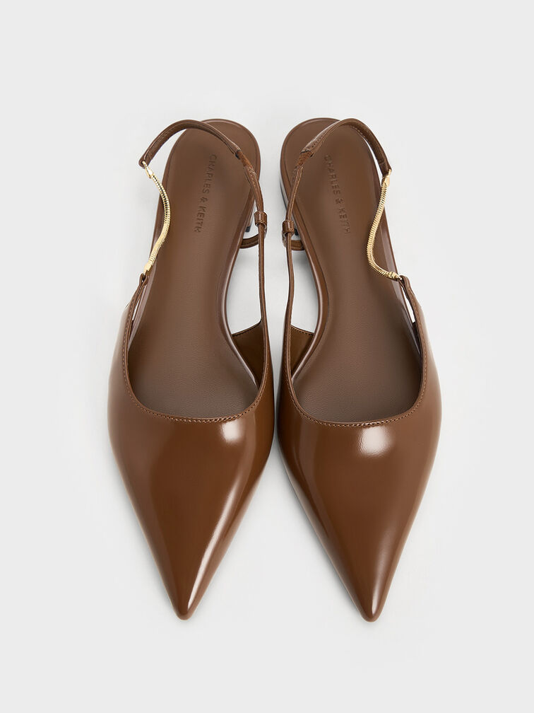 Chain-Strap Pointed-Toe Slingback Flats, Brown, hi-res