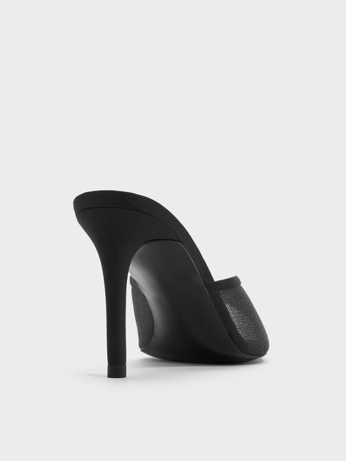 Glittered Mesh Peep-Toe Heeled Mules, Black Textured, hi-res