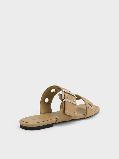 سلايدز من الجلد المدبوغ الصناعي مزودة بحلقات معدنية وإبزيم, رملي, hi-res