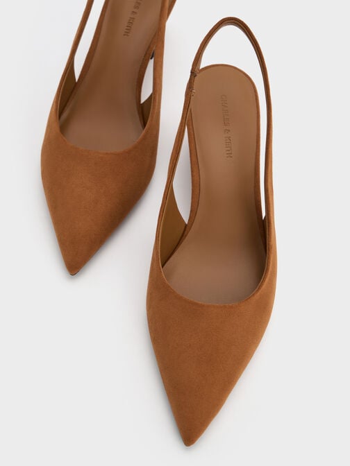 Faux Suede Sculptural-Heel Slingback Wedges, Cognac, hi-res