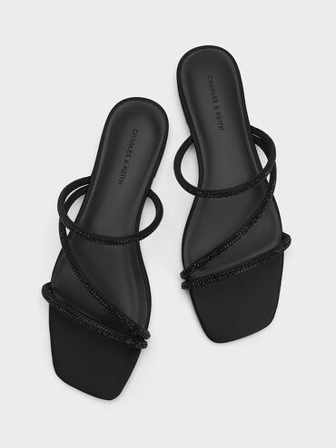 صندل إليانا بكعب من الساتان مع أربطة تلتف حول الساق, أسود خشن, hi-res