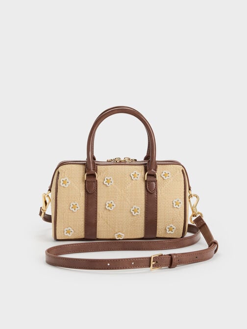 Philomena Raffia Flower Bowling Bag, Beige, hi-res