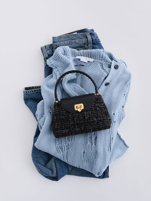 حقيبة يد مبطنة بحمالة مضفرة, أسود بنقشة تويد, hi-res