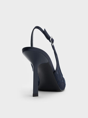 حذاء من الدانتيل والساتان مفتوح من الخلف بكعب (بامبس), أزرق داكن, hi-res