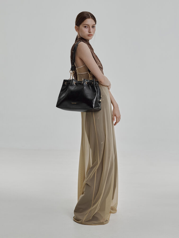 Moxie Drawstring Bucket Bag, Black, hi-res