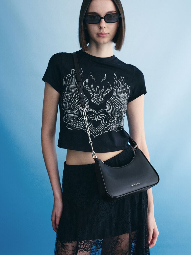 حقيبة كتف ليني بسلسلة معدنية أنيقة, أسود كلاسيكي, hi-res