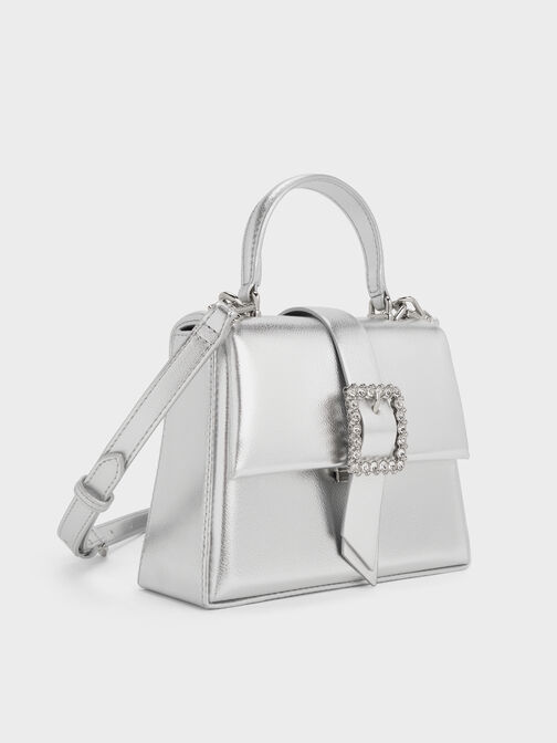 Metallic Crystal-Buckle Belted Top Handle Bag, Silver, hi-res