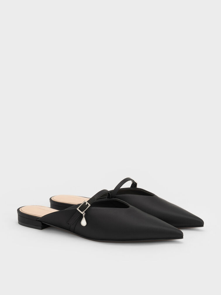 Satin Teardrop-Crystal Flat Mules, Black Textured, hi-res