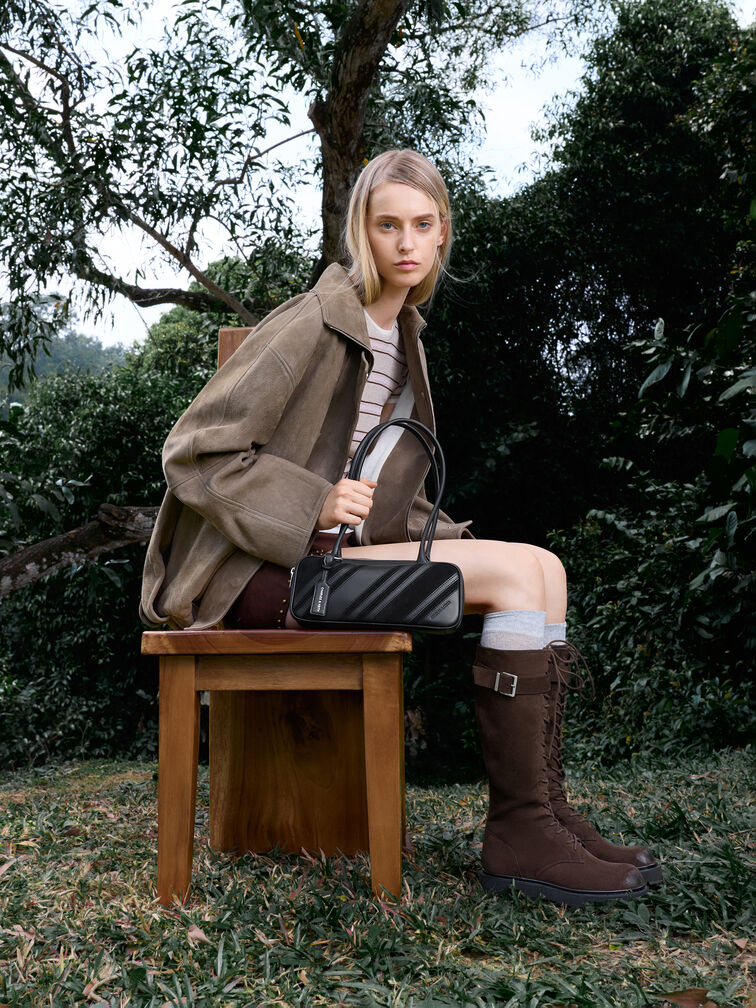 Zeya Recycled Suede Striped Shoulder Bag, Noir, hi-res