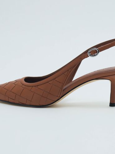 حذاء إيفيت بكعب ونمط منسوج ومقدمة مدببة وتصميم سلينجباك مفتوح الظهر, بني, hi-res