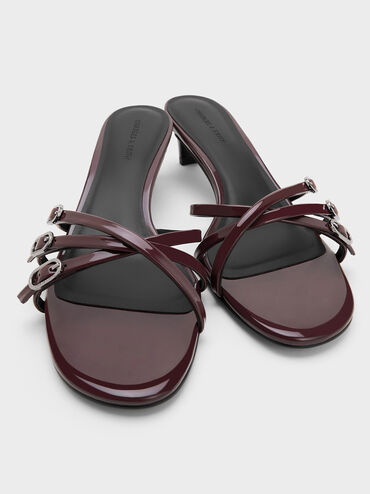 حذاء ميول من الجلد اللامع بكعب القطة وأحزمة متقاطعة بإبزيم, برغندي, hi-res