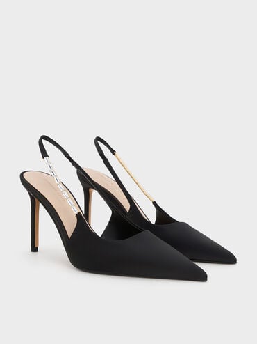 حذاء سلينجباك مفتوح الظهر من الساتان بكعب عالٍ ومقدمة مدببة وحزام مزخرف, أسود خشن, hi-res