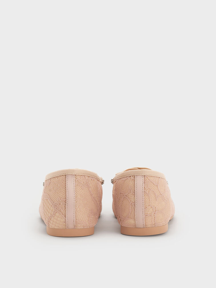 Girls' Lace Crystal Crossover Ballet Flats, Nude, hi-res