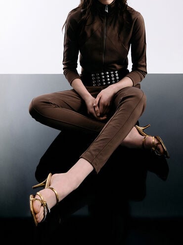 صندل منسوج بكعب وأشرطة مزين بحلية, ذهبي, hi-res