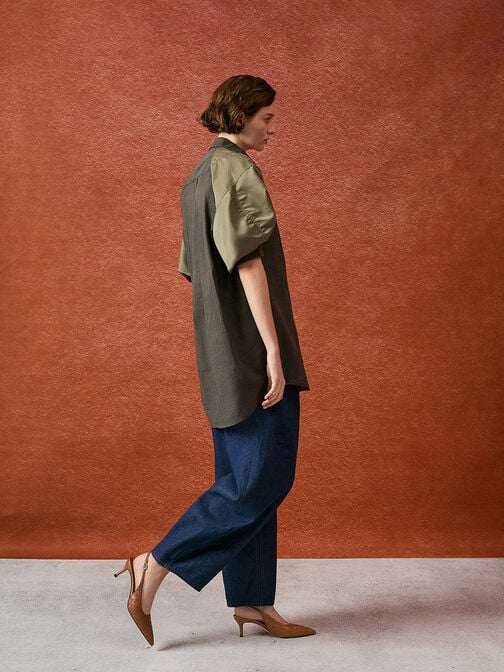 حذاء إيفيت بكعب ونمط منسوج ومقدمة مدببة وتصميم سلينجباك مفتوح الظهر, بني, hi-res