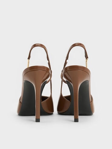 Chain-Strap Pointed-Toe Slingback Pumps, Brown, hi-res