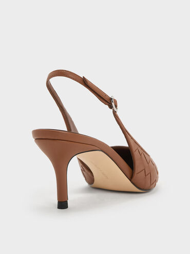 حذاء إيفيت بكعب ونمط منسوج ومقدمة مدببة وتصميم سلينجباك مفتوح الظهر, بني, hi-res