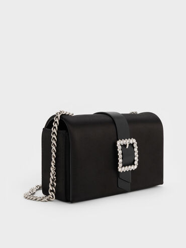 Satin Crystal-Buckle Belted Chain-Handle Bag, Noir, hi-res