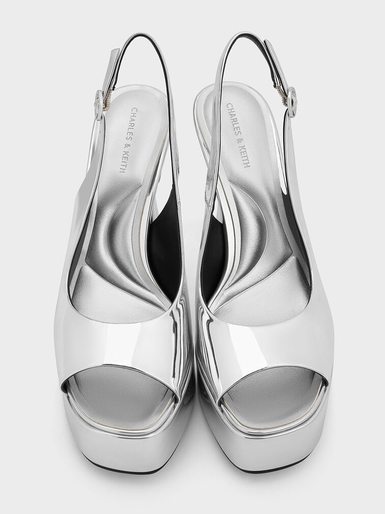 صنادل ميتاليك بنعل مرتفع وكعب رفيع مع فتحة أمامية – لإطلالة تخطف الأنظار, فضي, hi-res
