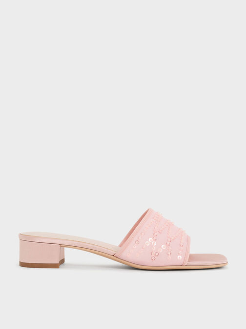 Mesh Sequinned Block-Heel Mules, Nude, hi-res