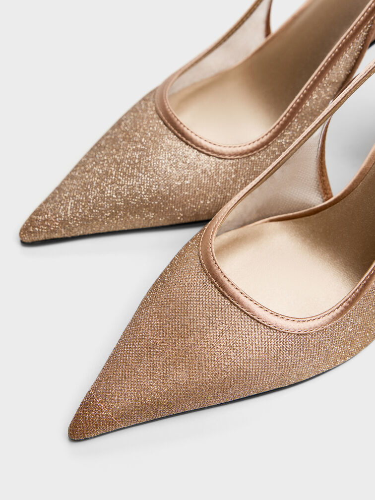 Glittered Mesh Pointed Slingback Pumps, Brown, hi-res