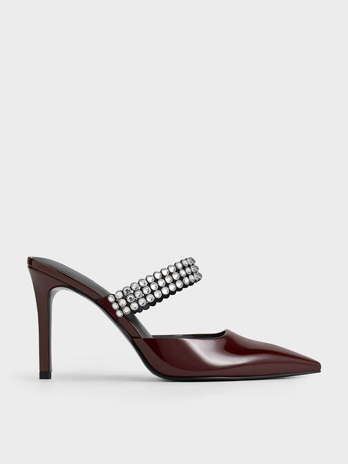 Patent Crystal-Embellished Heeled Mules, Burgundy, hi-res