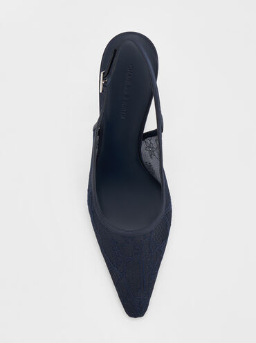 حذاء من الدانتيل والساتان مفتوح من الخلف بكعب (بامبس), أزرق داكن, hi-res